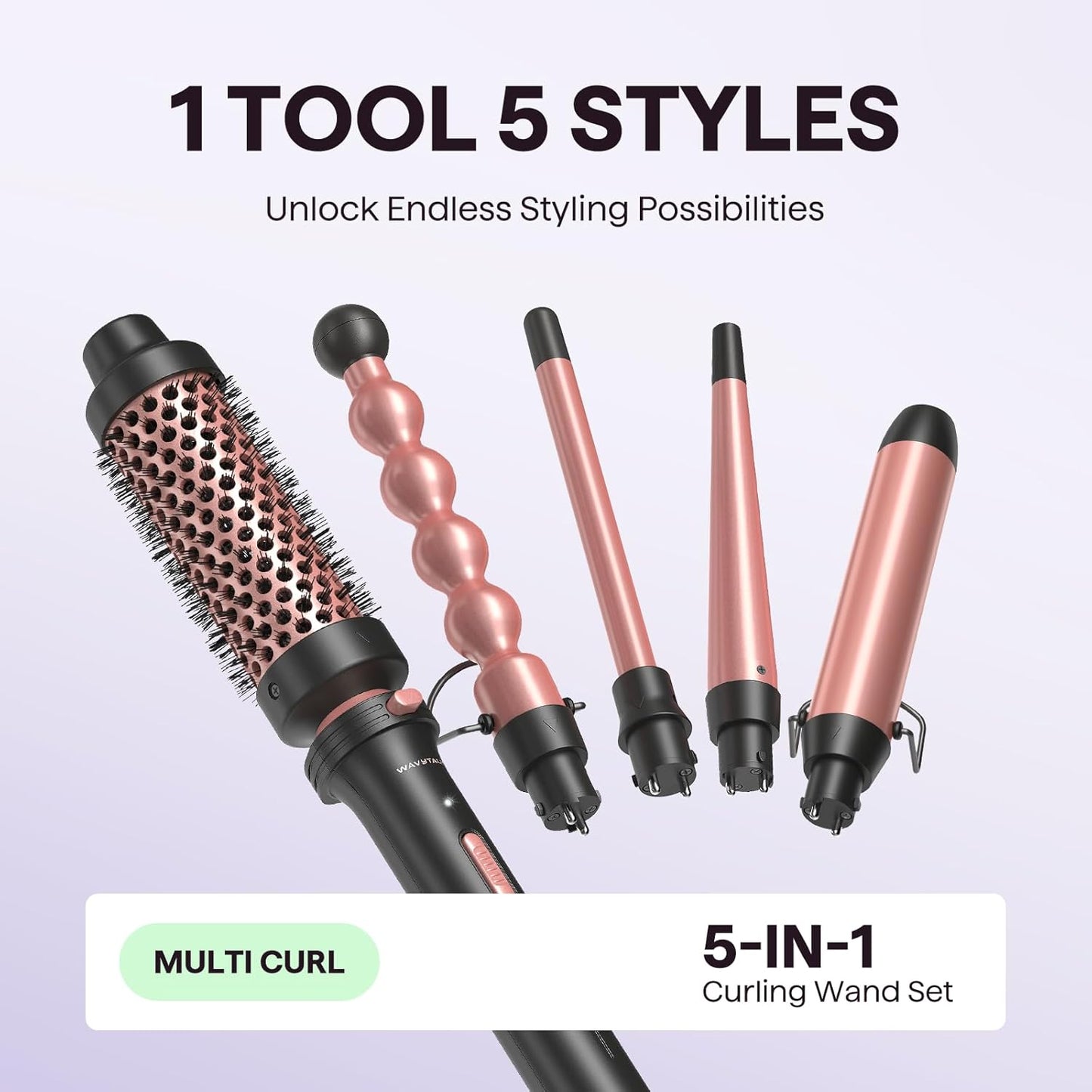 5 in 1 Curling Wand Set, Multi Hair Curler Set with Thermal Brush and 4 Interchangeable Ceramic Curling Tongs(13-32 Mm), Instant Heat up Curling Iron (Rose Gold)