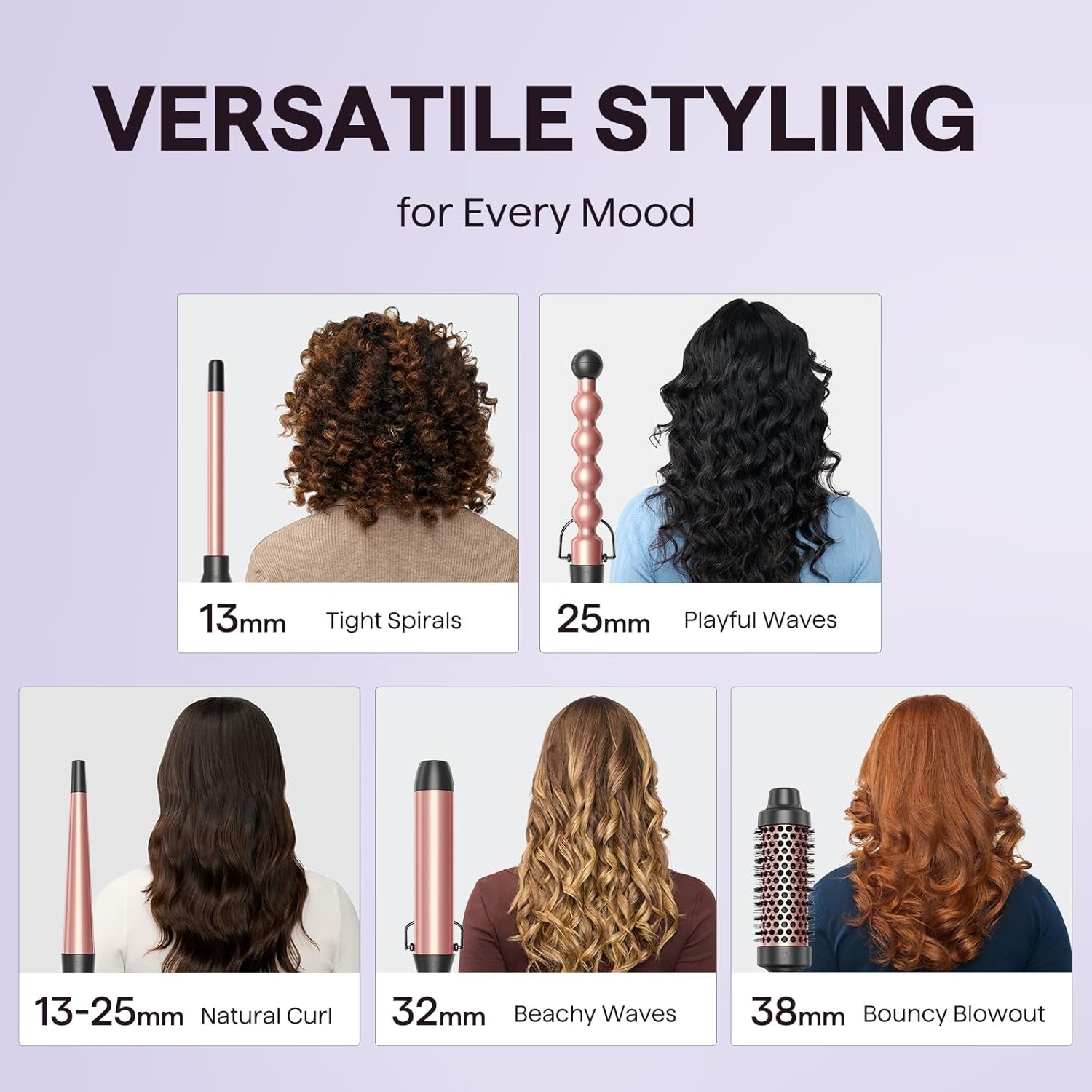 5 in 1 Curling Wand Set, Multi Hair Curler Set with Thermal Brush and 4 Interchangeable Ceramic Curling Tongs(13-32 Mm), Instant Heat up Curling Iron (Rose Gold)