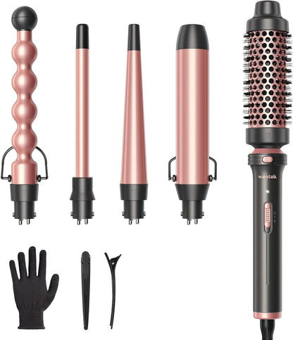 5 in 1 Curling Wand Set, Multi Hair Curler Set with Thermal Brush and 4 Interchangeable Ceramic Curling Tongs(13-32 Mm), Instant Heat up Curling Iron (Rose Gold)