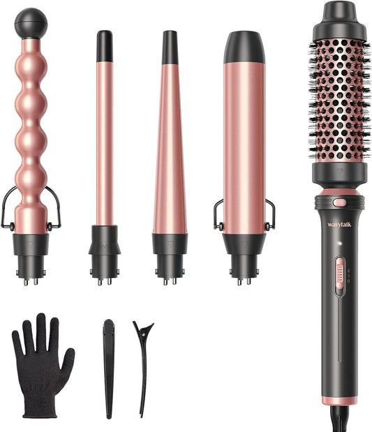 5 in 1 Curling Wand Set, Multi Hair Curler Set with Thermal Brush and 4 Interchangeable Ceramic Curling Tongs(13-32 Mm), Instant Heat up Curling Iron (Rose Gold)
