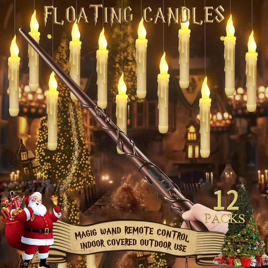 Halloween Decorations - Floating Candles with Wand 12 Pcs Flameless Candles with Warm Light Flickering Christmas Decoration