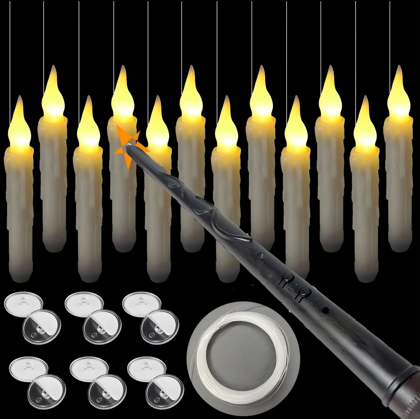 Enchanted Floating Candles with Magic Wand Warm White Flickering LED Flameless Candles Remote Control for Christmas Party Decor