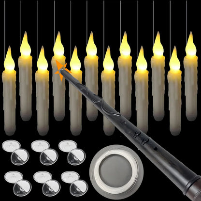 Enchanted Floating Candles with Magic Wand Warm White Flickering LED Flameless Candles Remote Control for Christmas Party Decor