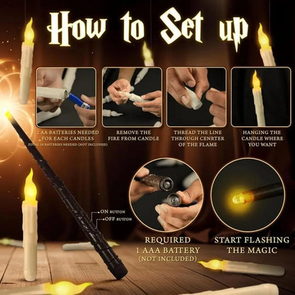 Enchanted Floating Candles with Magic Wand Warm White Flickering LED Flameless Candles Remote Control for Christmas Party Decor