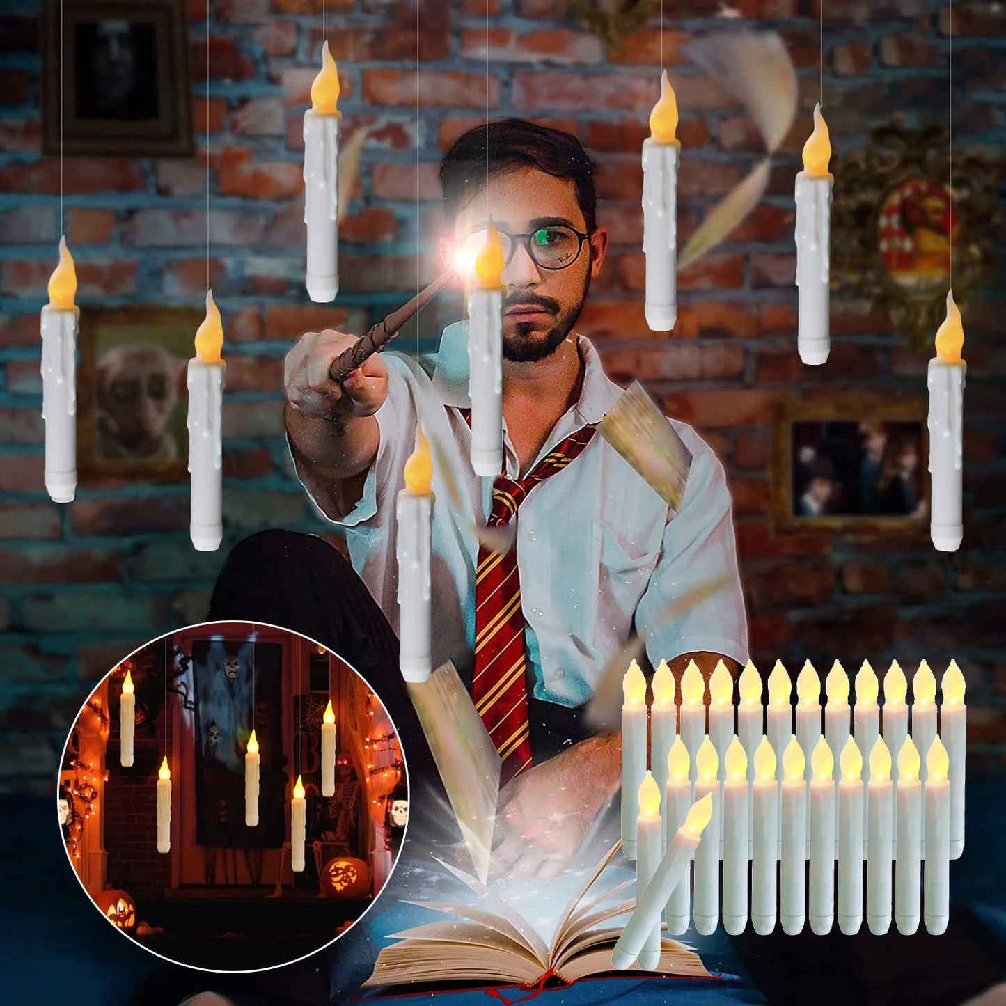 Enchanted Floating Candles with Magic Wand Warm White Flickering LED Flameless Candles Remote Control for Christmas Party Decor