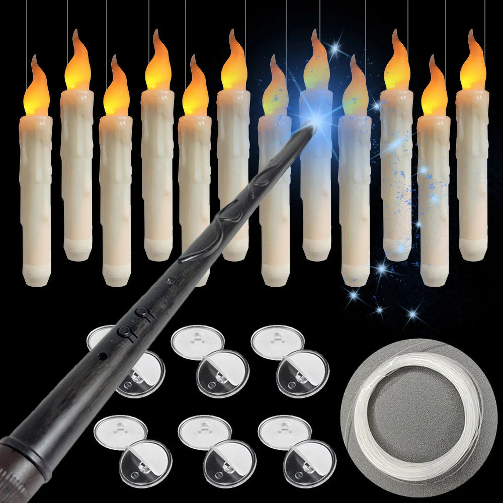 Enchanted Floating Candles with Magic Wand Warm White Flickering LED Flameless Candles Remote Control for Christmas Party Decor